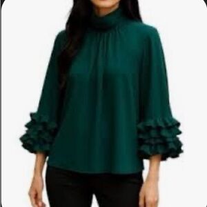Vince Camuto Evergreen High-Neck Ruffle Blouse 3/4 Sleeves Size XL